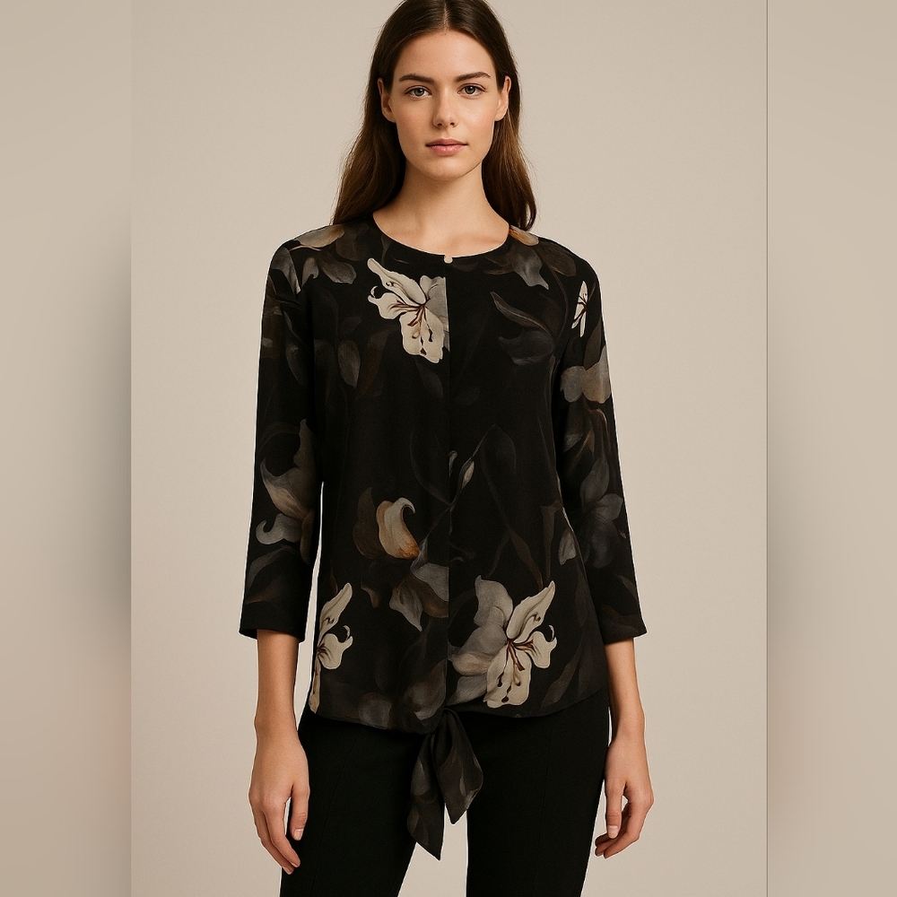 Club Monaco 100% Silk Blouse Dark Floral Botanica Elegant Tie-Hem Top